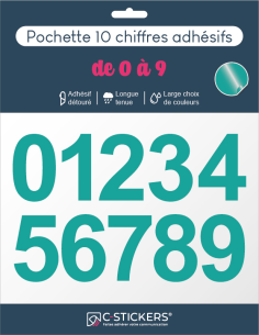 10 Chiffres Autocollants Turquoises de 0 à 9