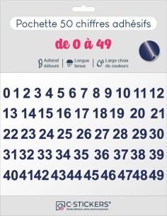 50 chiffres autocollants bleus foncés de 0 à 49