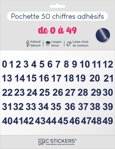 50 chiffres autocollants bleus foncés de 0 à 49