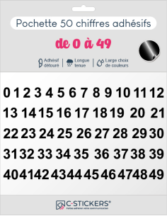 50 chiffres autocollants noirs de 0 à 49