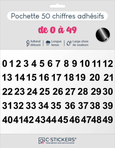 50 chiffres autocollants noirs de 0 à 49