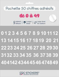 50 chiffres autocollants blancs de 0 à 49
