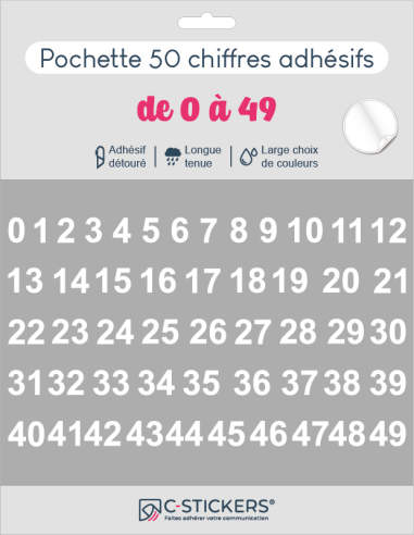 50 chiffres autocollants blancs de 0 à 49