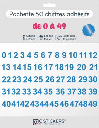 50 chiffres autocollants bleus clairs de 0 à 49