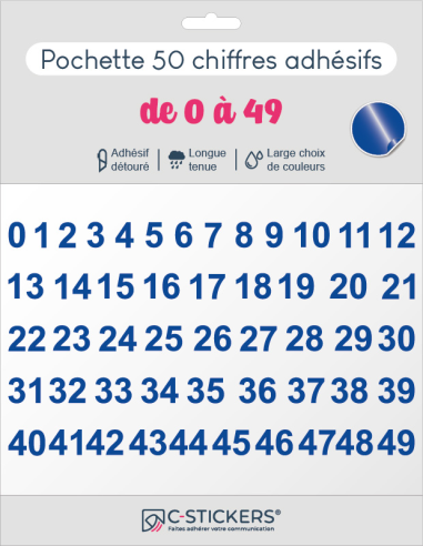 50 chiffres autocollants bleus de 0 à 49