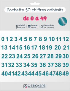 50 chiffres autocollants turquoises de 0 à 49