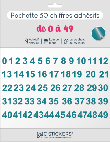 50 chiffres autocollants turquoises de 0 à 49