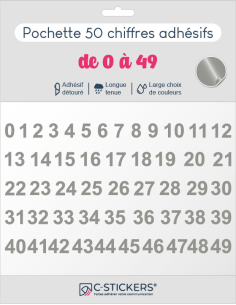 50 chiffres autocollants Gris de 0 à 49