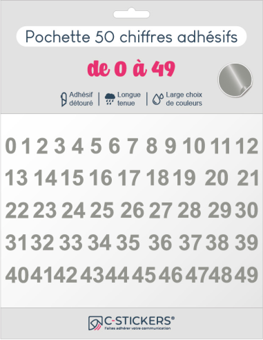 50 chiffres autocollants Gris de 0 à 49