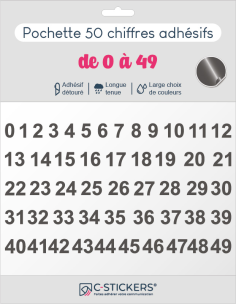 50 chiffres autocollants gris foncés de 0 à 49
