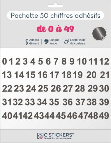 50 chiffres autocollants gris foncés de 0 à 49