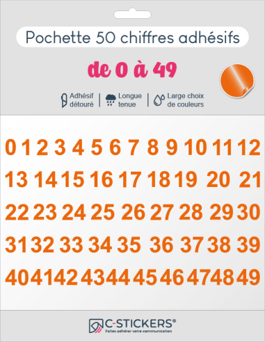 50 chiffres autocollants Oranges de 0 à 49
