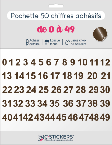 50 chiffres autocollants Marrons de 0 à 49