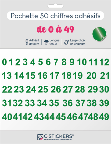 50 chiffres autocollants Verts de 0 à 49