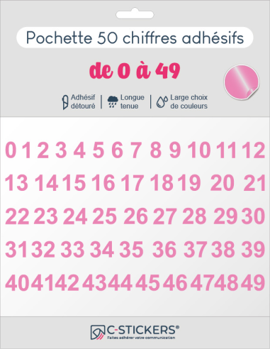 50 chiffres autocollants Roses Clairs de 0 à 49