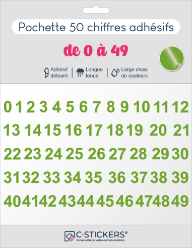 50 chiffres autocollants Verts Pommes de 0 à 49
