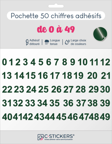 50 chiffres autocollants Verts Foncés de 0 à 49