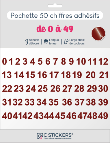50 chiffres autocollants Bordeaux de 0 à 49