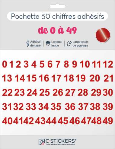 50 chiffres autocollants Rouges de 0 à 49