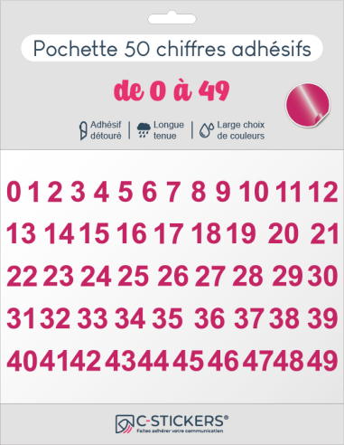 50 chiffres autocollants Roses Fuchsia de 0 à 49