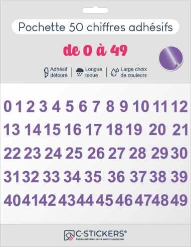 50 chiffres autocollants Lilas de 0 à 49
