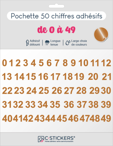 50 chiffres autocollants Cuivrés de 0 à 49